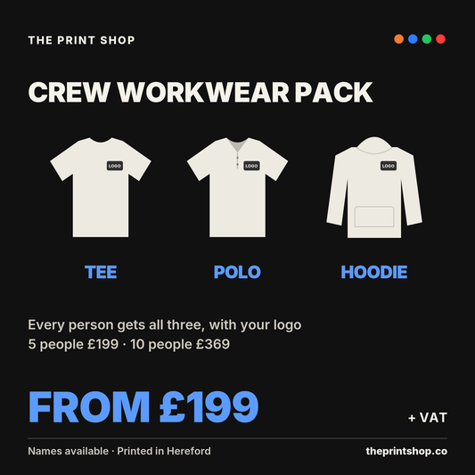 Crew Workwear Pack: a tee, polo and hoodie per person with your logo, from £199 + VAT