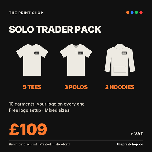 Solo Trader Workwear Pack: 5 tees, 3 polos and 2 hoodies with your logo, £109 + VAT