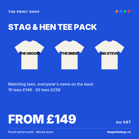 Stag and hen tees with names on the back, from £149 inc VAT